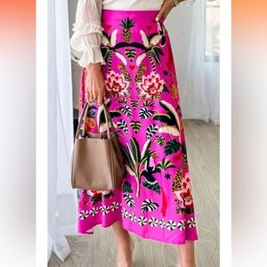 Tropical Print A-Line Midi Skirt